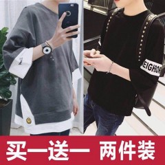 男裝秋季男士長(zhǎng)袖t恤韓版寬松青少年衣服男學(xué)生七分袖上衣半袖夏